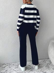 EURMUSE Women'S Color Block Striped Sweater And Monochrome Pants Two-Piece Set - Blue - View 2