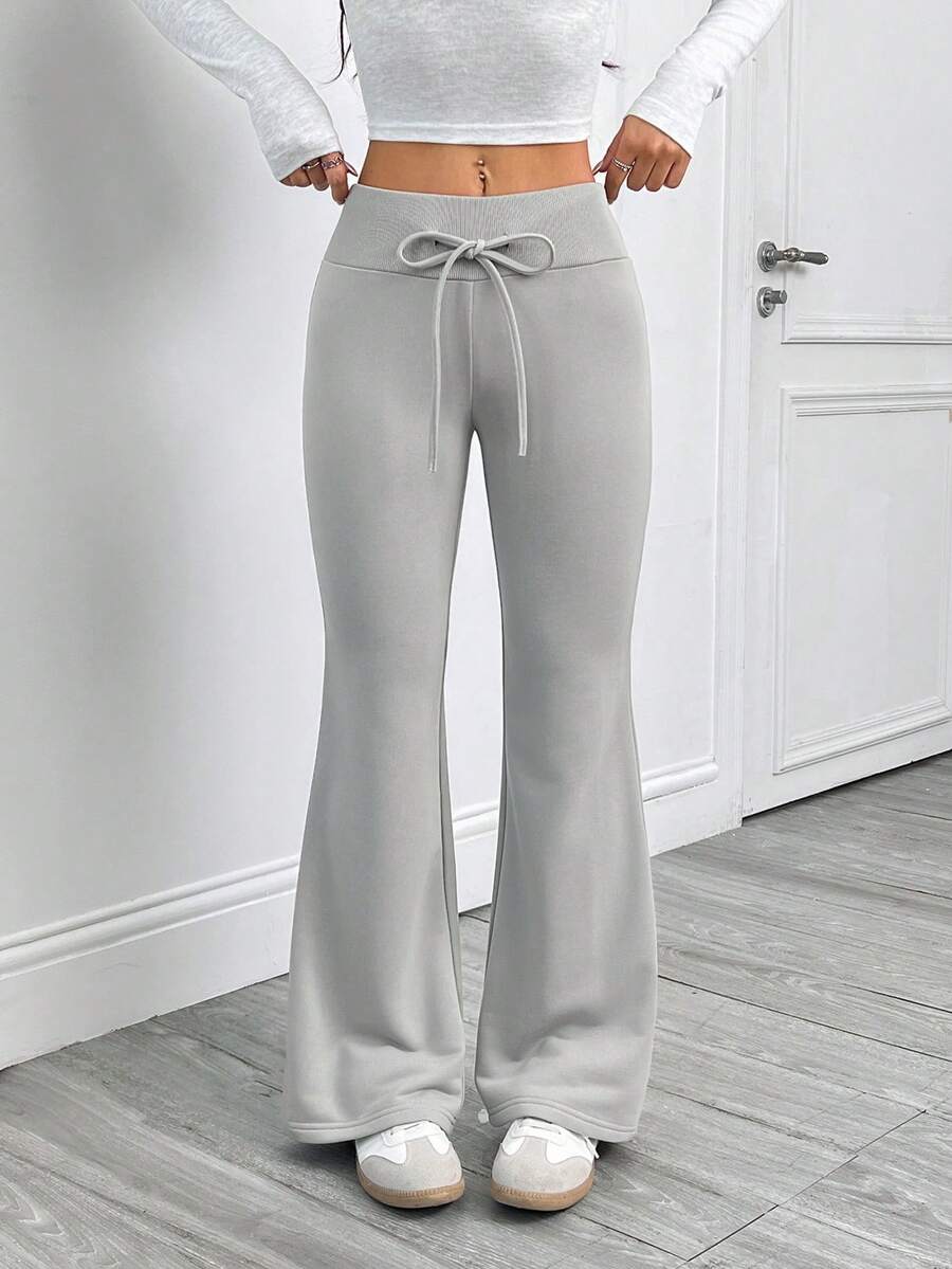 SHEIN PETITE 女式休闲灰色针织松紧腰喇叭运动裤 - 深灰色 - 查看 1