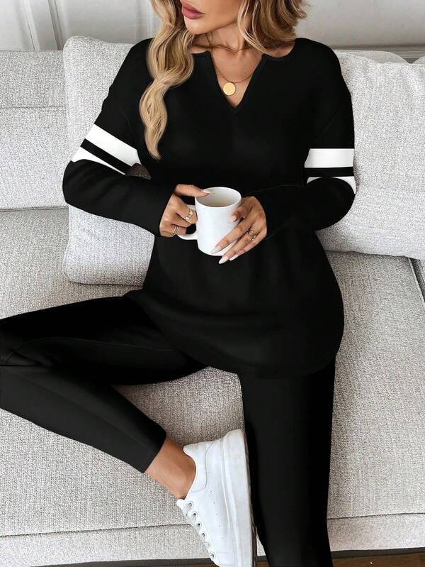 SHEIN LUNE 2pcs/Set Women's Black & White Striped Contrast Color T-Shirt And Leggings, Autumn/Winter 2 Piece Casual Sets Woman