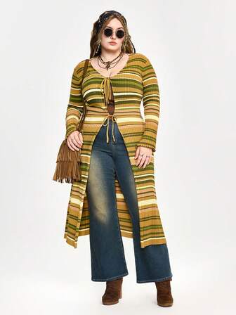 Cardigan lungo in maglia a righe con laccetti in stile Fairycore vintage ed elegante, cardigan lungo in maglia stile Mori Cottagecore di taglia grande