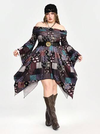 Abito asimmetrico con spalle scoperte, patchwork e texture vintage, stile Fairycore e Mori Kei, taglie comode. Abito lungo a maniche lunghe con scollo a canotta, patchwork e motivi, stile Cottagecore e Mori, taglie comode.