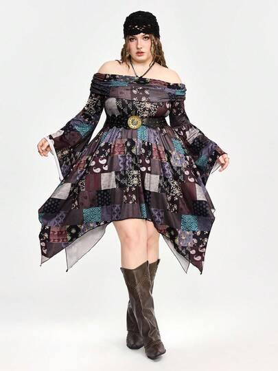 Fairycore فستان بتصميم غير متماثل الذيل مع كتف مكشوف، نمط معقد وملمس مطرز بطراز فيري كور وموري كي للمقاسات الكبيرة، فستان بأكمام طويلة وياقة حلقية بطراز موري كي وبتصميم رقعي للمقاسات الكبيرة