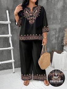 EMERY ROSE 2pcs Plus Size Faux Embroidered Floral Print Shirt & Pants Set