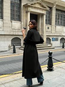 Firerie 女士优雅休闲通勤办公室时尚海军蓝长袖双排扣口袋收腰长款风衣夹克，秋季 - 黑色 - 查看 8