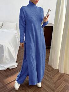 EURMUSE Women Solid Color Rib Knit Turtleneck Slit Detailed Long Sweater Dress & Sweater Pants Set - Dusty Blue - View 5