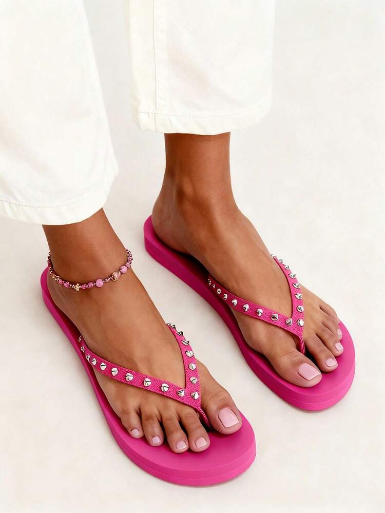 Woman Shoes Hot Pink Indoor Spiked Decor Flip Flops For Summer Vacation Shoes Summer Back To School Shoes College Student Shoes New Year Holiday For Casual Beach Style