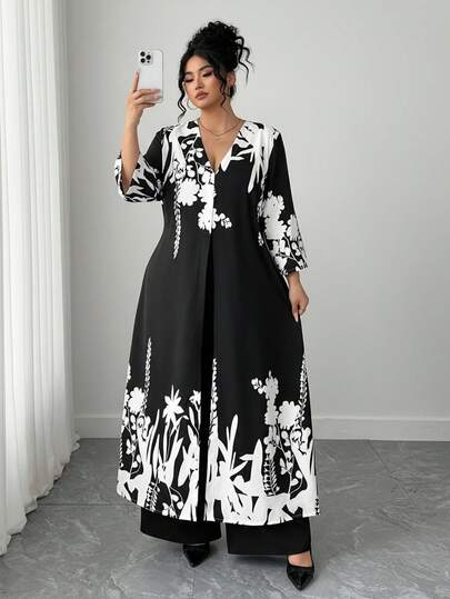 Elenzga Plus Size Women 2 Pieces Set: Floral Print Jacket And Pants, Casual Commuter Outfit