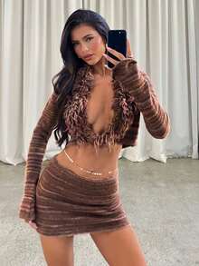 Aloruh Women's Autumn/Winter New 2-Piece Sweater Set, Multi-Color Striped Ombre Y2K Retro Romantic Sexy Cropped Top Long Sleeve Sweater + Low Waist Mini Skirt With Tassel Decor Brown Two Piece Set Latina Outfits Cozy Fall And Winter Clothes For Women - Multicolor - View 4