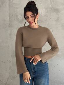 Firerie Áo len cổ tròn tay thẳng eo màu đỏ tía mới cho nữ, Áo len đan mới mùa xuân/thu/đông, Áo len ngắn, Áo len đi làm hàng ngày thanh lịch cho nữ, Kiểu dáng cơ bản đơn giản - Lạc đà - Xem 6