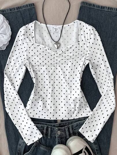 SHEIN Tween Girls White Knit Polka Dot Ruched Bust Fitted Knit Long Sleeve Cropped Casual T-Shirt