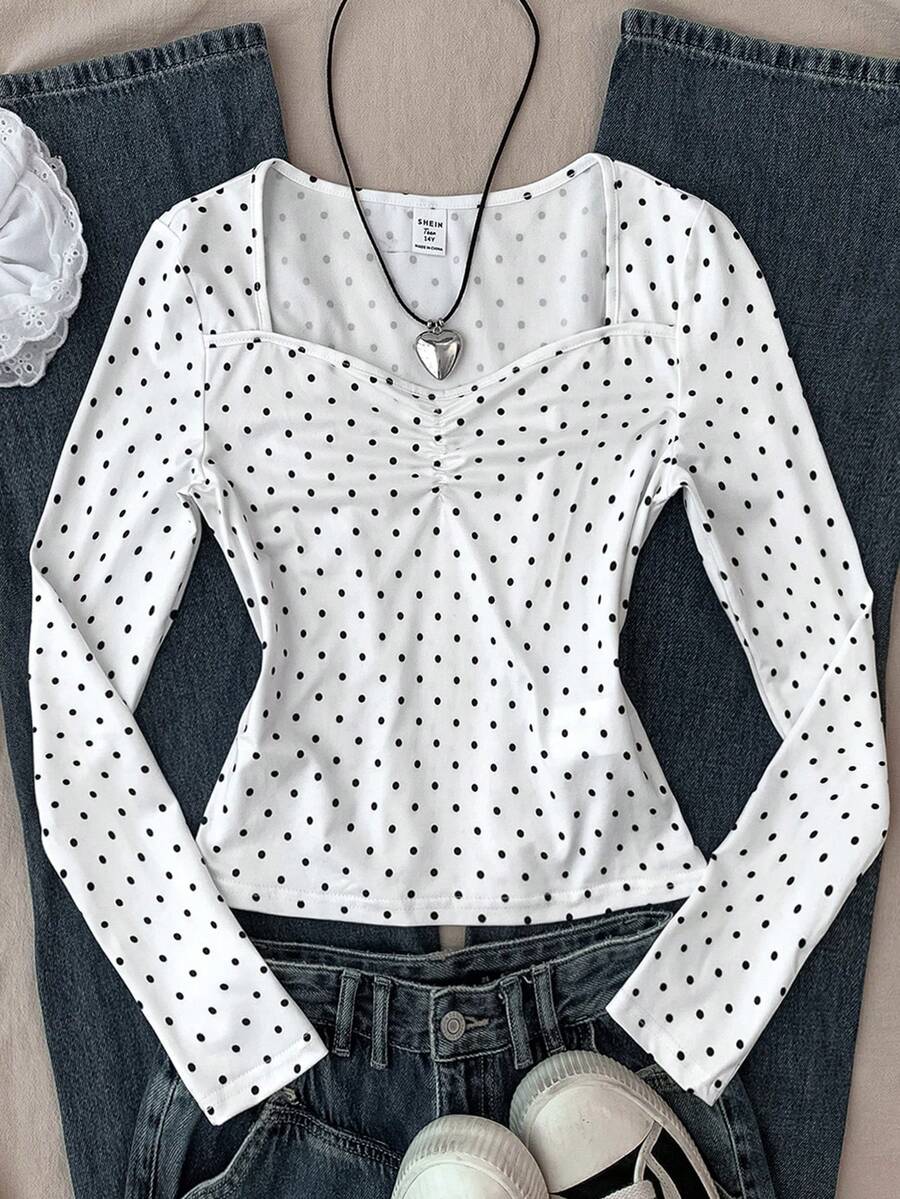 SHEIN Tween Girls White Knit Polka Dot Ruched Bust Fitted Knit Long Sleeve Cropped Casual T-Shirt