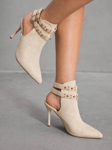 CUCCOO SZL 女士尖头细高跟中筒靴，时尚简约 - 米色 - 查看 10