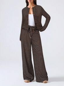 LYSMO Set de 2 piezas de top de manga larga y pantalones a rayas de punto suave y casual para mujer