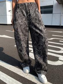 Livesso Autumn/Winter Fashion Floral All-Over Print Loose Casual Straight Leg Pants, For Women - Dark Grey - View 4