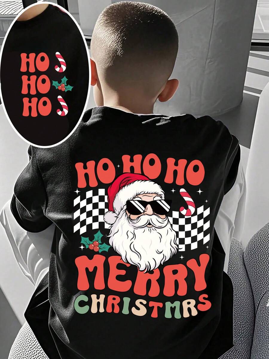 Chúc mừng Giáng sinh! Áo thun in hình chủ đề Giáng sinh phong cách thường ngày và thời trang dành cho bé trai - Ông già Noel, kẹo gậy, họa tiết kẻ caro, in khẩu hiệu, kiểu dáng thoải mái, phù hợp cho các bữa tiệc và hoạt động Giáng sinh. - màu đen - Xem 1