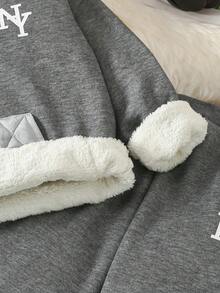 SHEIN 2 件套 Tween BoyWarm 基本款加厚纽约印花带衬垫口袋连帽衫和保暖内衬运动裤套装，秋冬 - 灰色 - 查看 8