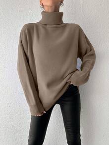 EURMUSE Ladies' Solid Color High Neck Rib Knit Drop Shoulder Sweater - Camel - View 3