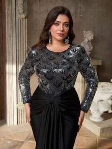 Aureia Vestido elegante y romántico de talla grande con cuello redondo, manga larga transparente, lujoso parche de lentejuelas, cintura fruncida, bajo de cola de sirena con volantes, adecuado para bodas, fiestas, eventos de celebración, vestido de gala (diseño muy adornado) - Negro - Ver 4