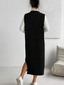 Elenzga Plus Size Casual Solid Color Sleeveless Side Slit Knit Dress - Black - View 2