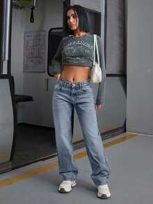EURMUSE WOMEN LOW WAIST STRAIGHT Y2K WASH STREET WEAR - Dark Wash - View 4