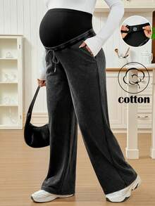 SHEIN 可调节腰部抽绳宽松阔腿裤，带口袋，休闲孕妇装，适合日常通勤 - 深灰色 - 查看 1