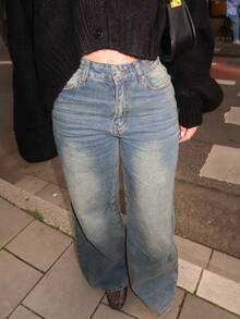 Turnttoni Quần Jeans Ống Rộng Rộng Có Túi Cho Nữ - Màu xanh lam - Xem 3