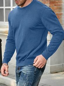 Manfinity Homme Men's Casual Solid Color Knit Sweater, Versatile For Autumn, Long Sleeve Top - Royal Blue - View 5