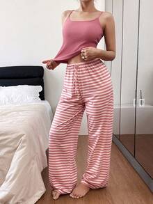 SHEIN 女式休闲条纹裤配蝴蝶结装饰吊带、家居服套装 - 粉色 - 查看 1