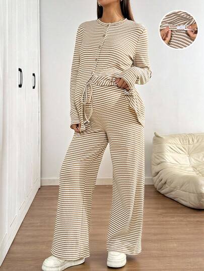 SHEIN 2pcs Maternity Casual Striped Top And Pants Breastfeeding Set, Autumn
