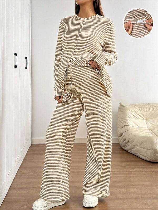 SHEIN 2pcs Maternity Casual Striped Top And Pants Breastfeeding Set, Autumn