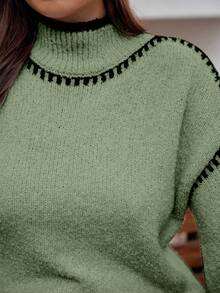 Vionelle 大码女式针织套头衫，优雅时尚拼色宽松休闲百搭上衣，秋冬 - 綠色 - 查看 3