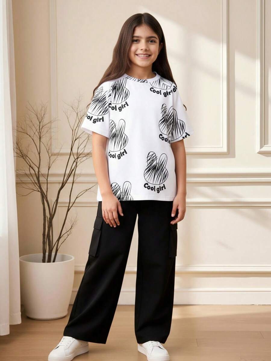 Tween Girls“Cool Girl”时尚印花 T 恤和紫红色 3D 图案工装裤套装 - 黑色 - 查看 1
