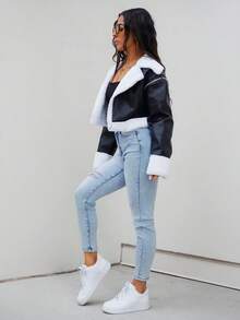 SAYEHFBABY Teddy Lined Crop PU Leather Jacket In Fall/Winter - Black - View 5