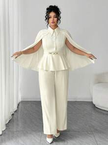 Elenzga Bộ 2 món áo choàng Poncho trơn màu cỡ lớn dành cho nữ kèm thắt lưng khóa kim loại, áo sơ mi và quần ống đứng, mùa thu/đông - Màu be - Xem 3