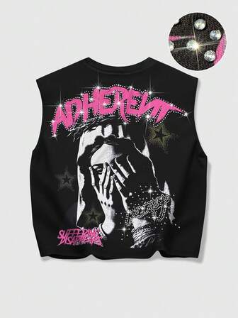 Grunge Punk Men's Summer Fashion Street Punk Style Virgin Mary Letter Print Rhinestone Embellished Loose Tank Top
