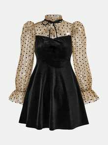 少女优雅波点网纱拼接纯色泡泡袖节日圣诞天鹅绒连衣裙