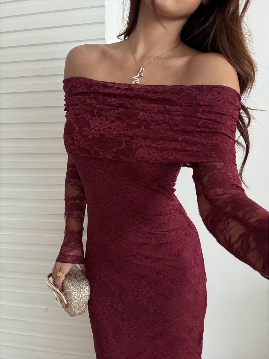 SHEIN Unity Elegant Wedding, Christmas, Party Dress - Burgundy - View 1