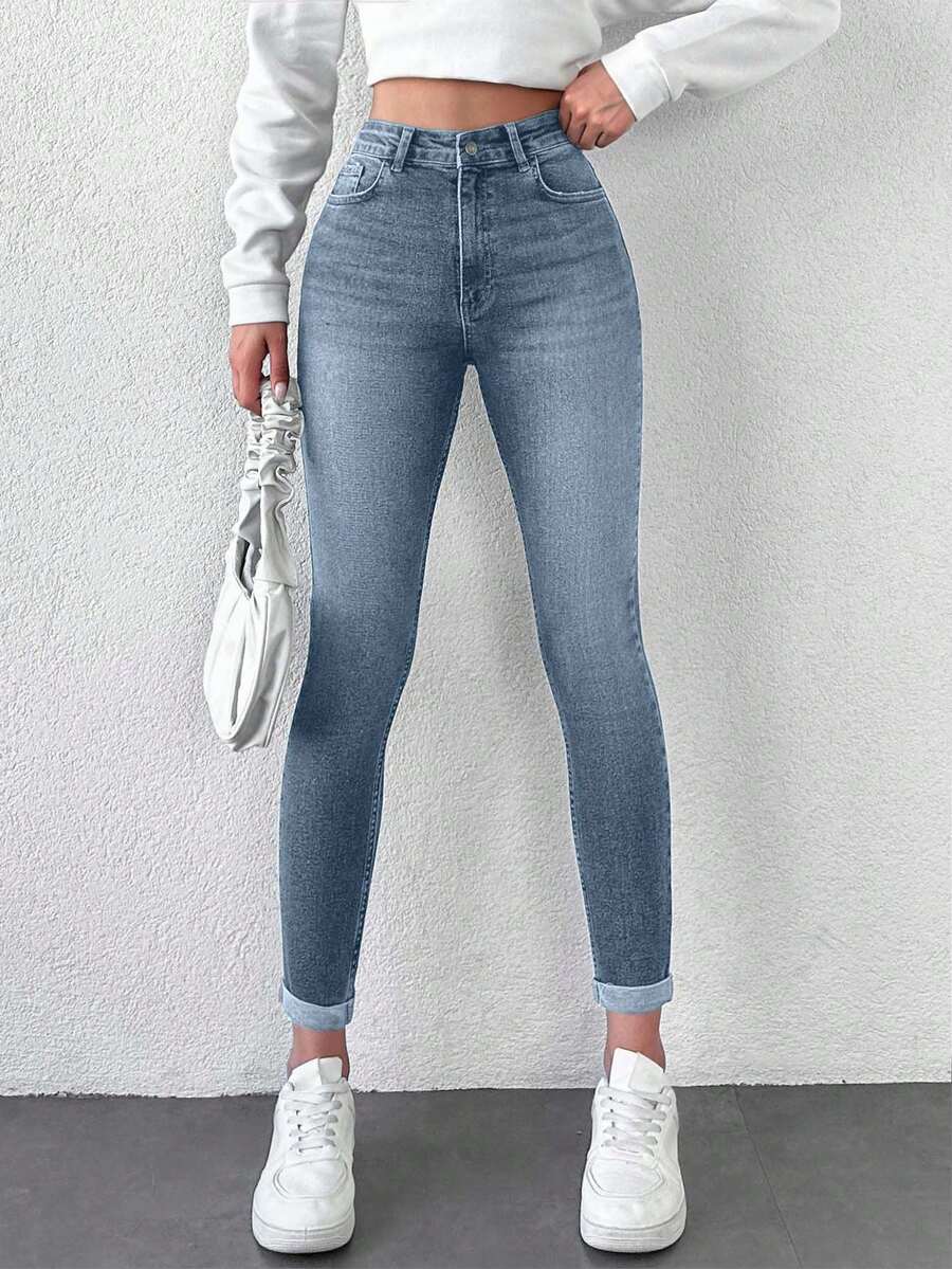 SHEIN Tall Quần denim ống rộng 100% cotton cao cấp dành cho nữ - Rửa trung bình - Xem 1