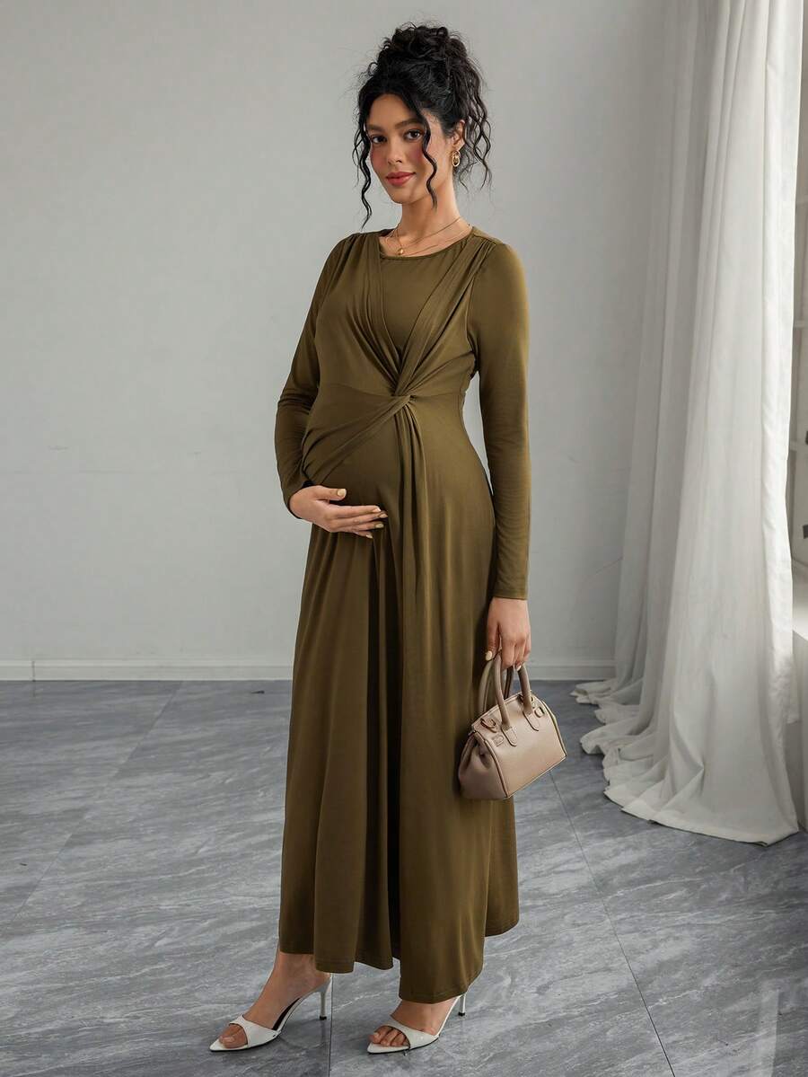 SHEIN Maternity Solid Color Minimalist Daily Wear Round Neck Long Sleeve Dress - Army Green - View 1