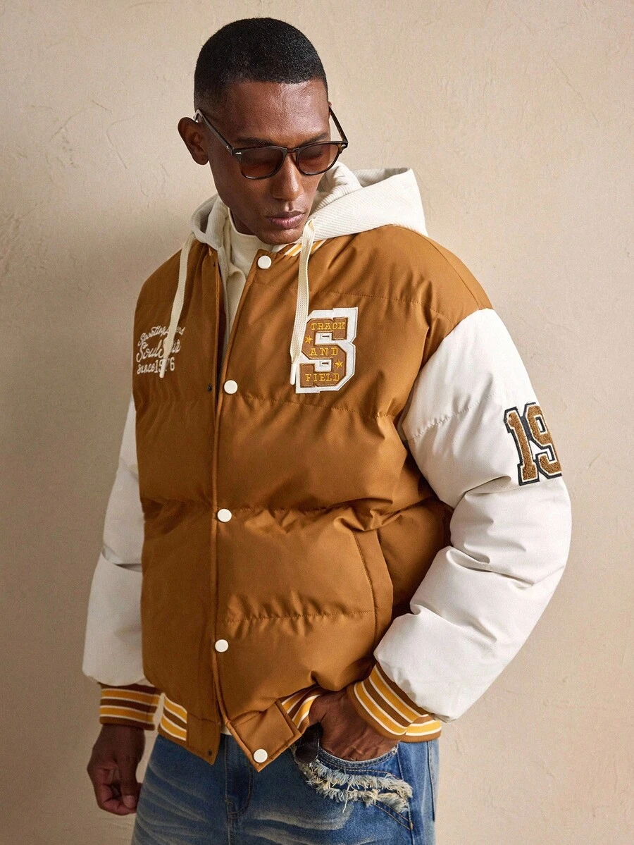 AKNOTIC Business Casual Manteau à capuche à manches longues avec blocs de couleurs pour homme, pour l'hiver - Marron - Voir 1