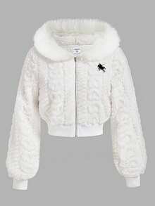 SHEIN Chaqueta deportiva de estilo retro y callejero para niña, con cuello de piel blanca, cremallera, textura de punto y bordado en color blanco y contraste, para otoño e invierno - Blanco - Ver 12