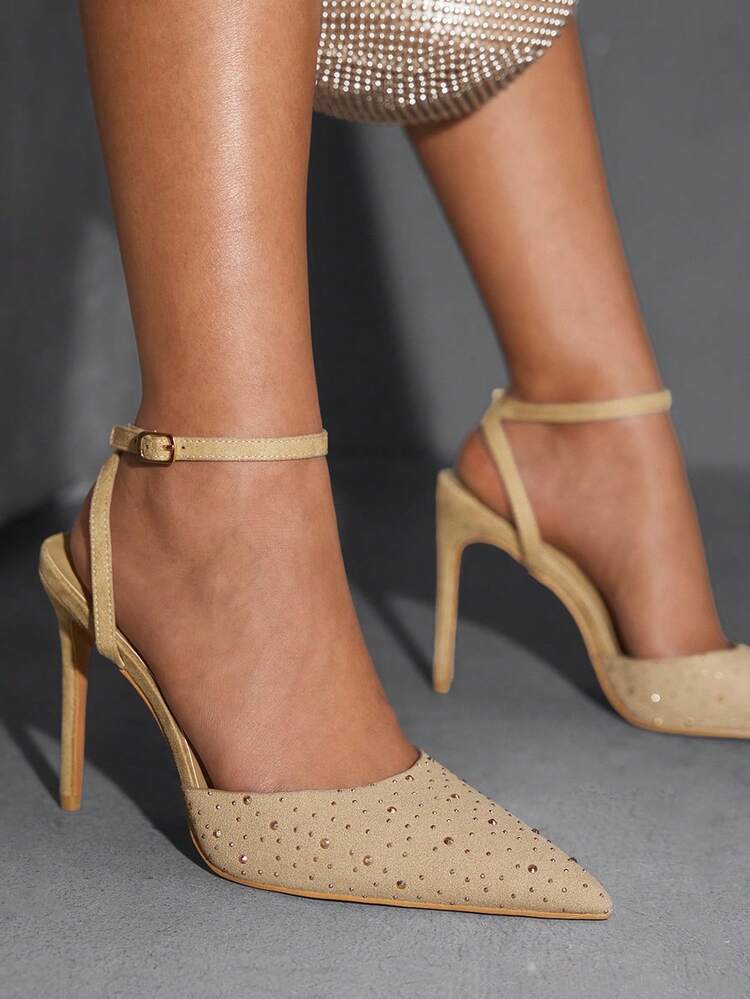 CUCCOO SZL Champagne Satin Color Block Rhinestone Embellished Pointed Toe Stiletto Hollow Out Formal Pumps