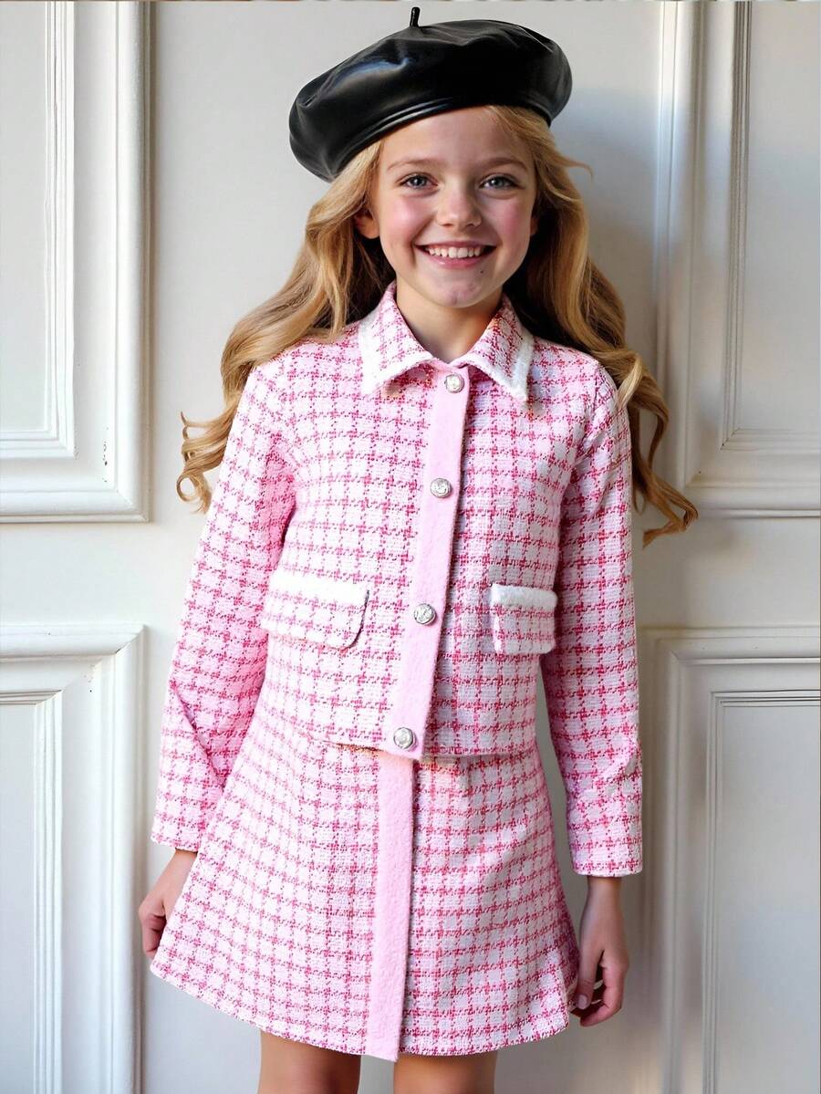PrepCrw 2pcs Tween Girls Elegant School Style Casual Urban White Trim Pearl Button Pink Plaid Jacket And Skirt Set, Suitable For Home, Daily Wear, Christmas, Festivals, Autumn/Winter  Skirt And Jacket Set Tweed Set Pink Tweed Outfit Tweed Skirt Set Preppy Two Piece Set,Fall Girls Tweed Outfit Pink Tweed Set Gingham Set Girld Outfit Set Aesthetic Preppy Clothes For Girls 12,Holiday , Christmas