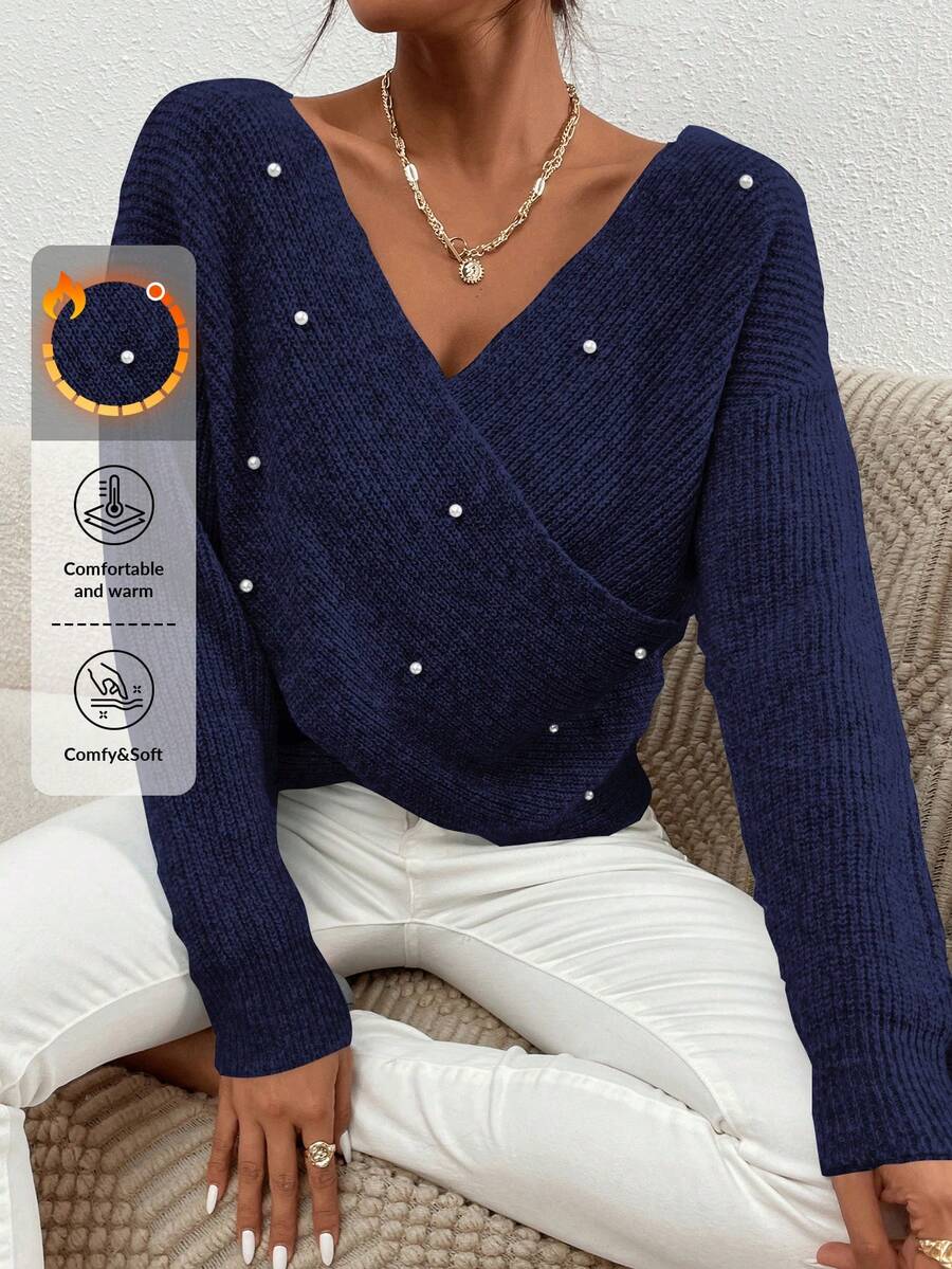 SHEIN Cottnline Crossed V-Neck Drop Shoulder Sweater With Pearl Detail - Navy Blue - View 1