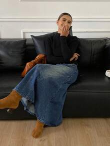 DAZY 女士常规腰线开衩设计牛仔长裙，优雅都市休闲鱼尾裙 - 中等水洗藍 - 查看 6