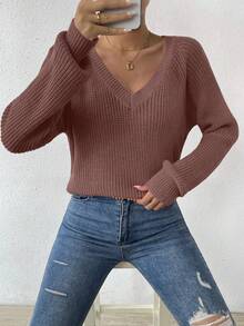 SHEIN LUNE Áo len chui đầu dáng rộng cổ chữ V tay raglan đơn giản, màu trơn, dễ mặc hàng ngày dành cho nữ, mùa thu/đông - Màu hồng gỉ - Xem 3