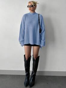 EURMUSE Women's Turtleneck Drop Shoulder High low Hem Sweater - Baby Blue - View 4