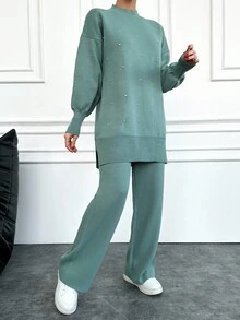EURMUSE Long Sleeve Knitted Sweater & Knitted Pants Set With Rhinestone Decor - Mint Green - View 4