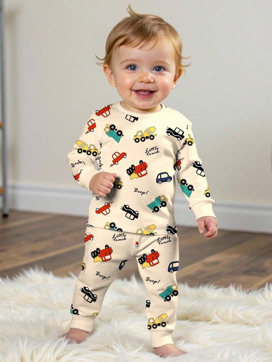 SHEIN Baby Jungen Lässig Minimalist Mode Klassisch Cool Niedlich Baufahrzeug, Auto, Transport Muster Muster Eng anliegende Crew Neck Bequeme Lange Hose Pyjamas, Geeignet für Herbst/Winter