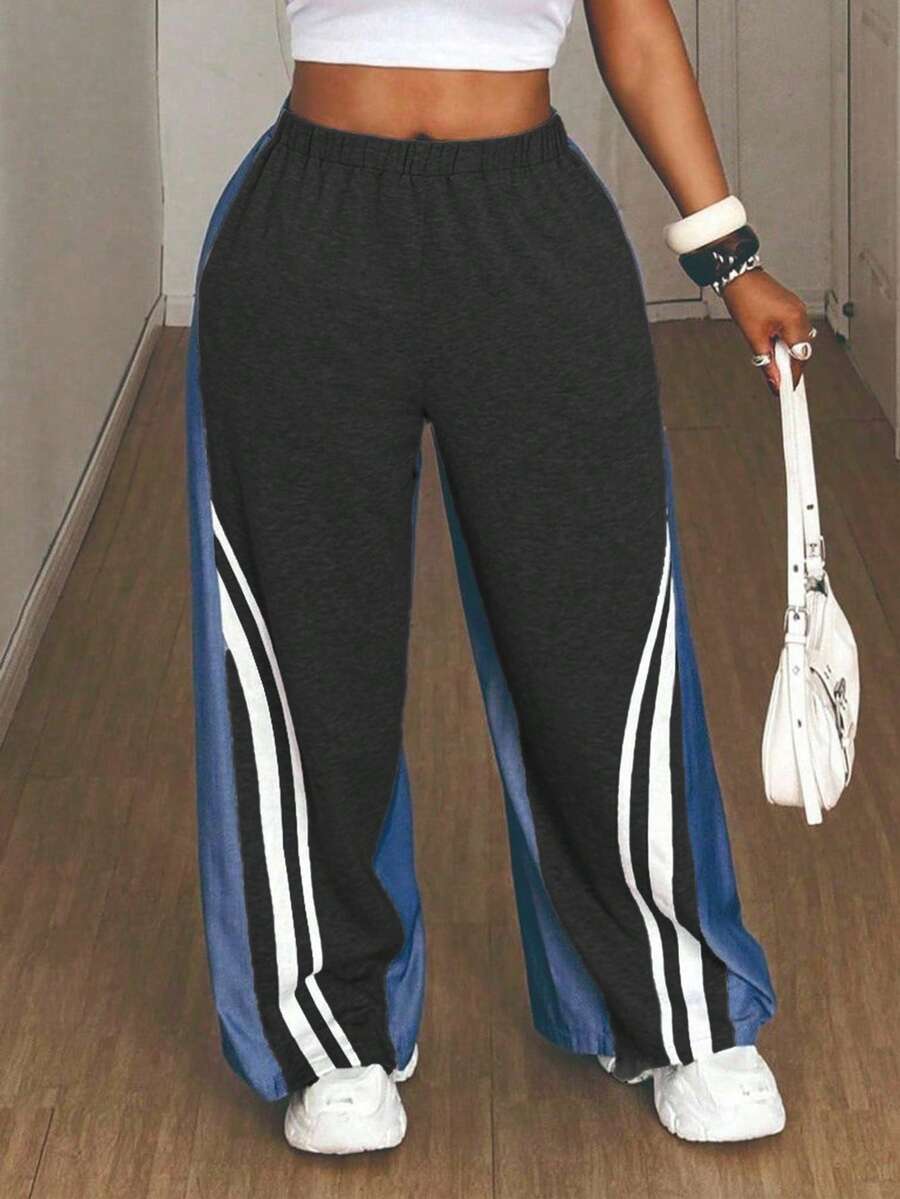 Maweii Quần dệt kim màu tương phản denim trơn cỡ lớn dành cho nữ, trang phục thể thao thường ngày, thích hợp cho hoạt động ngoài trời, văn phòng, giải trí - Nhiều màu - Xem 1